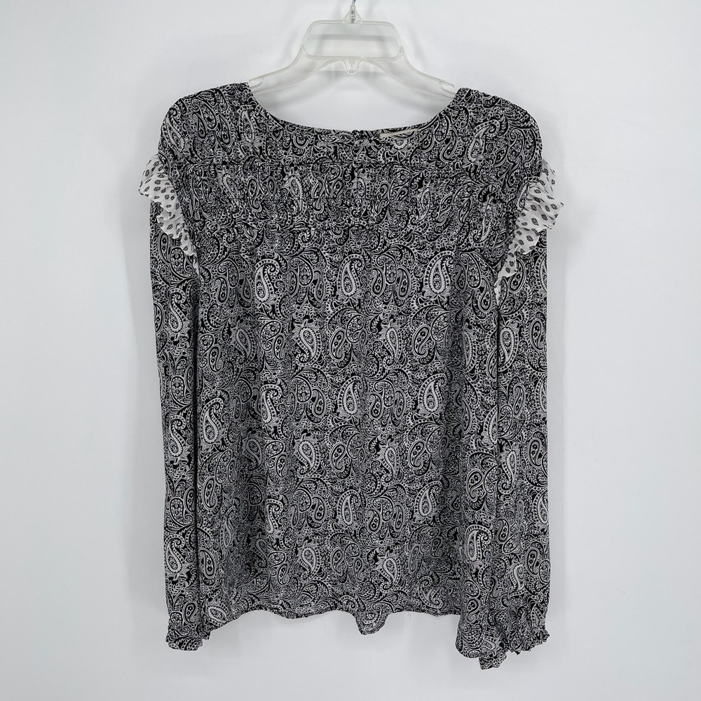 Loft Women's Black Paisley Ruffle Shoulder Smocked Long Sleeve Blouse Size XL